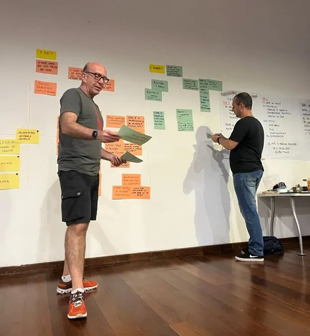Dois integrantes colando cartões coloridos em um mural